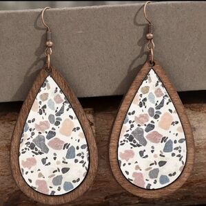Brand New Wooden Drop Earrings with Colorful Stone Accents